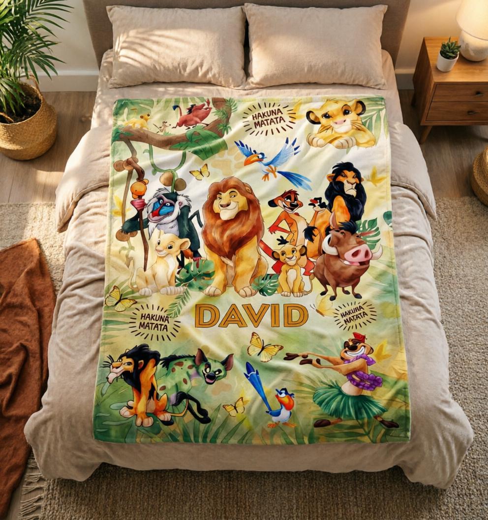 Custom Name Lion King Blanket Soft Throw, Safari Jungle Character Kids Bed Throw