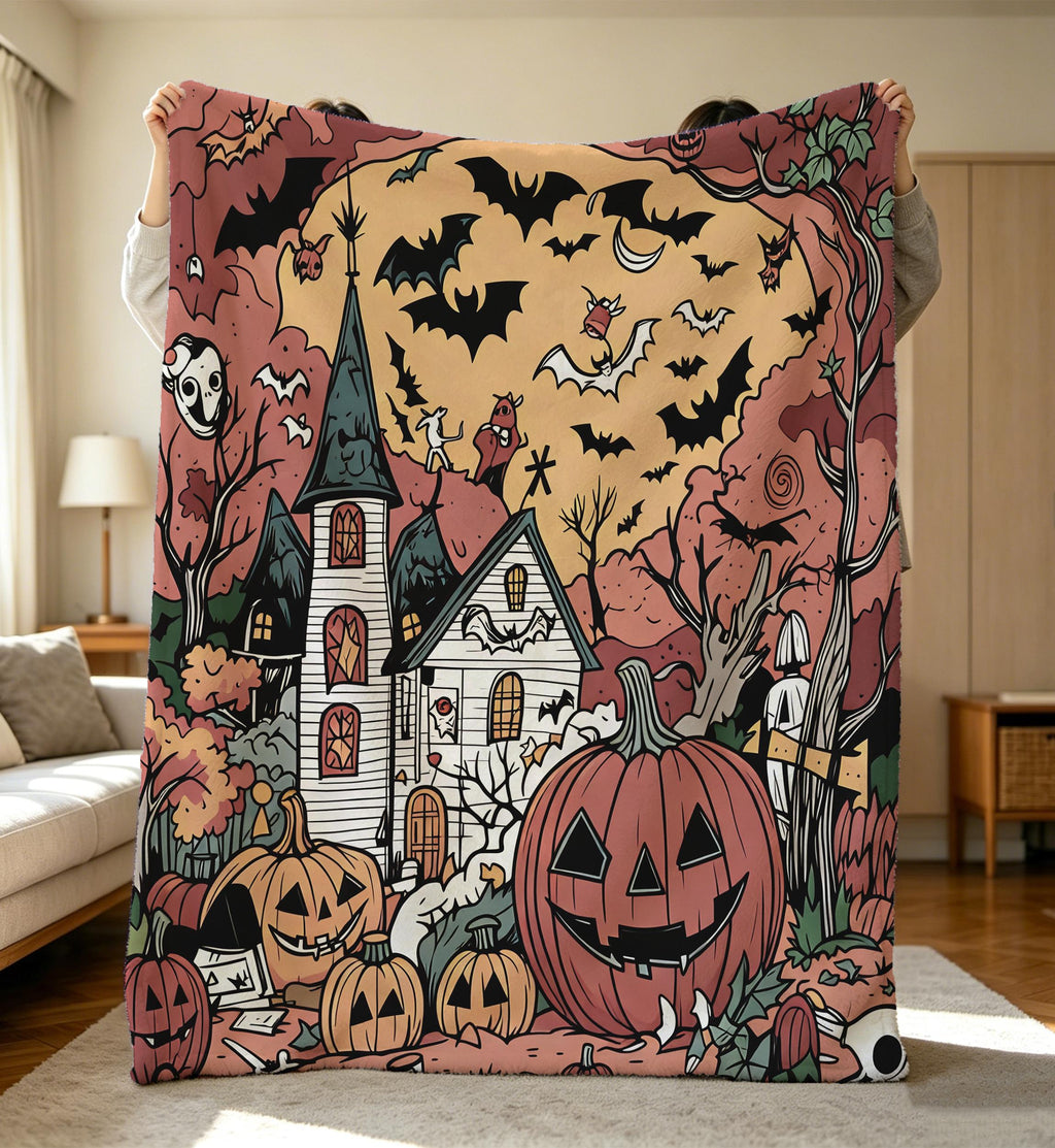 Halloween Cozy Flannel Blanket,Retro Jack-o'-lantern Haunted House Decor,90s Spooky Decor Throw,Fall Pumpkin,Halloween Watching Movie Throw