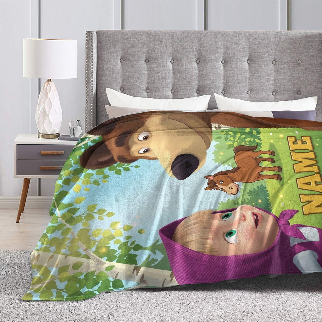 Custom Masha Bear Forest Trail Blanket, Woodland Adventure Kid Throw, Personalized Nursery Fleece, 1st Birthday Gift for Toddler Boy Girl