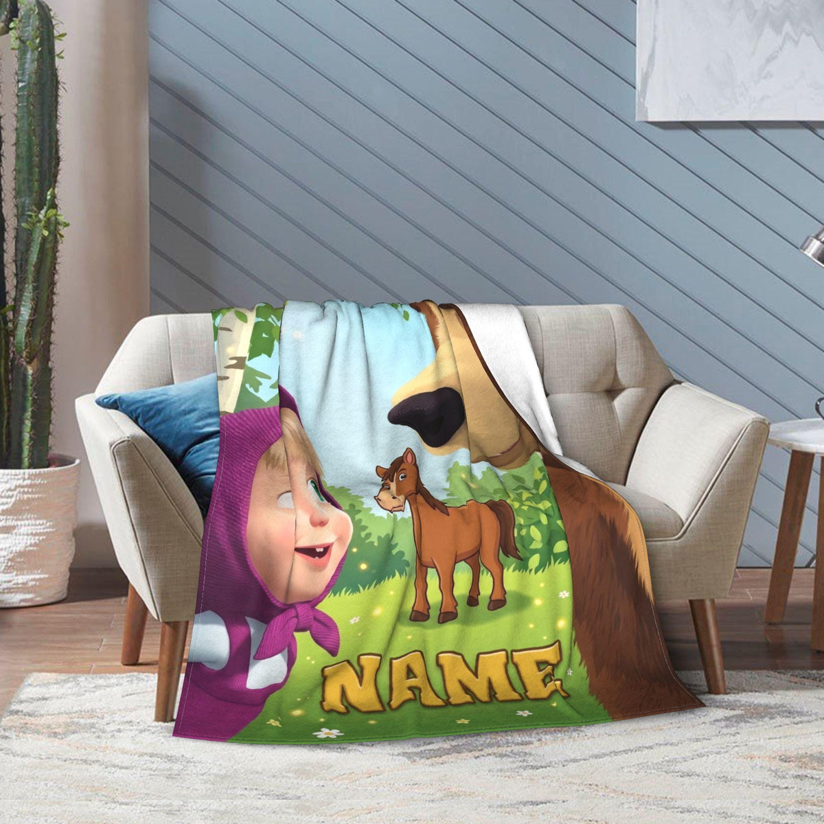 Custom Masha Bear Forest Trail Blanket, Woodland Adventure Kid Throw, Personalized Nursery Fleece, 1st Birthday Gift for Toddler Boy Girl