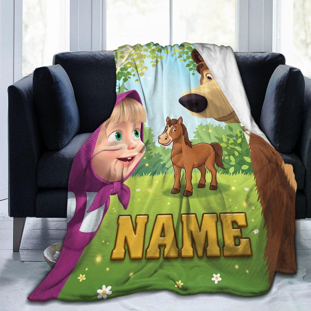 Custom Masha Bear Forest Trail Blanket, Woodland Adventure Kid Throw, Personalized Nursery Fleece, 1st Birthday Gift for Toddler Boy Girl