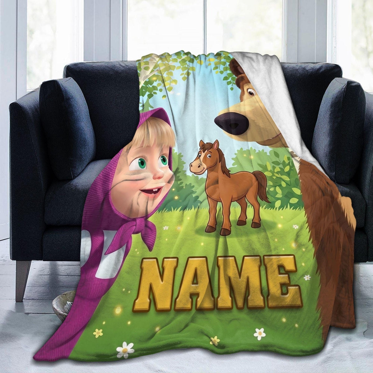 Custom Masha Bear Forest Trail Blanket, Woodland Adventure Kid Throw, Personalized Nursery Fleece, 1st Birthday Gift for Toddler Boy Girl