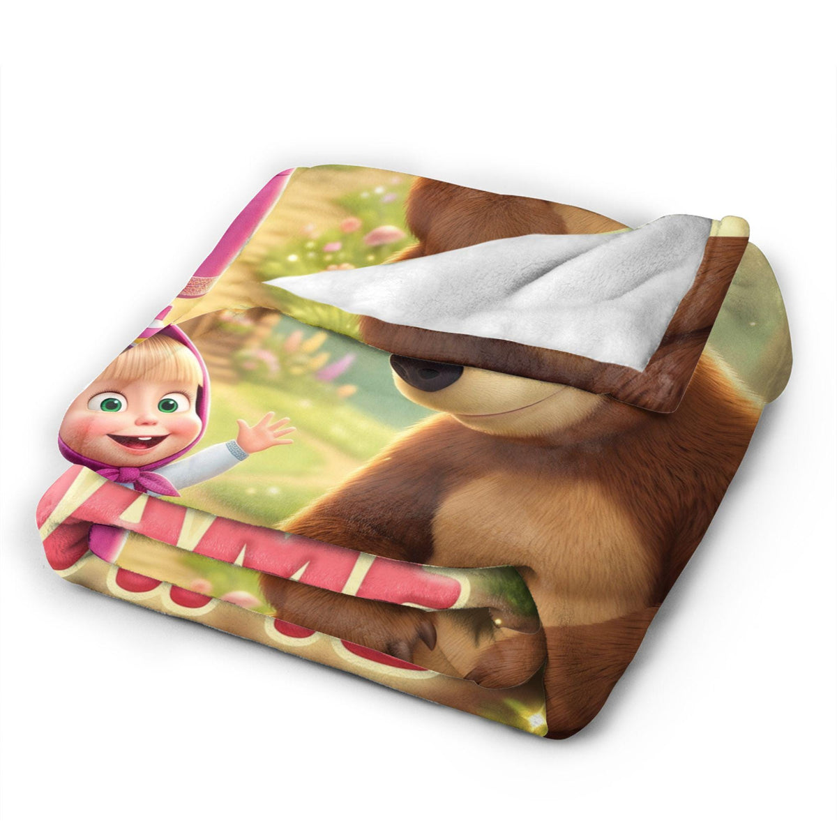 Custom Masha Bear Hug Fleece Throw, Personalized Kid Bedding Blanket, Cozy Nursery Quilt, 1st Birthday Christmas Gift for Toddler Daughter