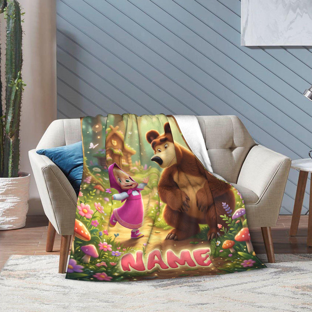 Custom Masha Bear Hug Fleece Throw, Personalized Kid Bedding Blanket, Cozy Nursery Quilt, 1st Birthday Christmas Gift for Toddler Daughter