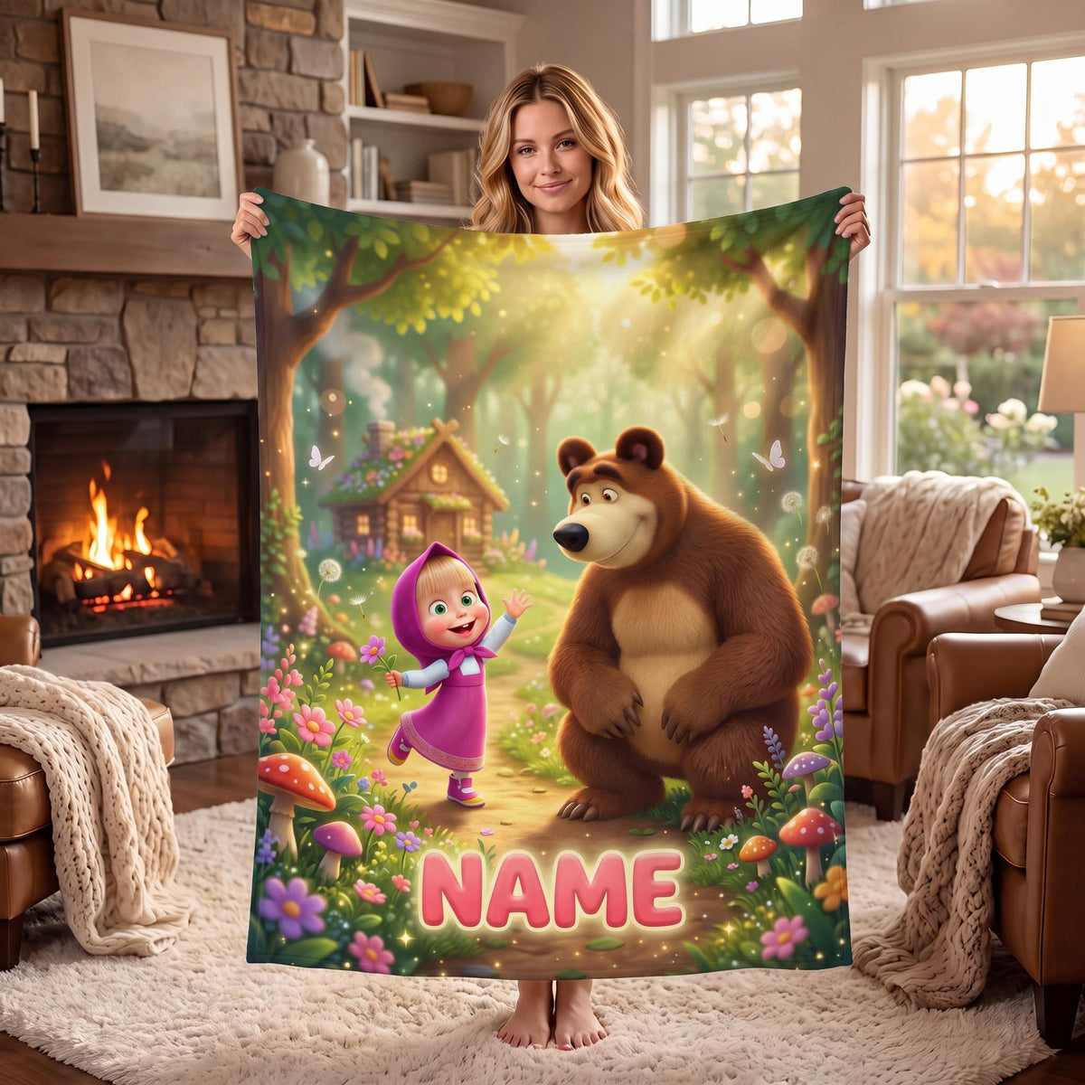 Custom Masha Bear Hug Fleece Throw, Personalized Kid Bedding Blanket, Cozy Nursery Quilt, 1st Birthday Christmas Gift for Toddler Daughter