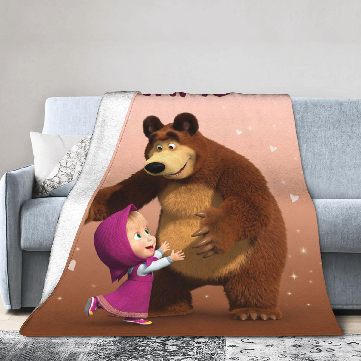 Custom Masha Bear Meadow Dream Throw, Personalized Toddler Flannel Blanket, Cute Nursery Quilt Wrap, Birthday Christmas Gift for Grandchild