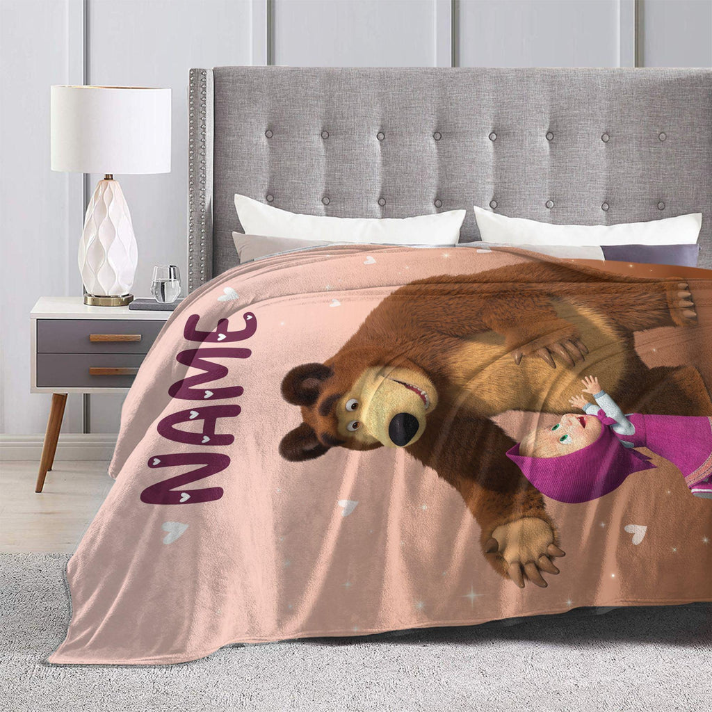 Custom Masha Bear Meadow Dream Throw, Personalized Toddler Flannel Blanket, Cute Nursery Quilt Wrap, Birthday Christmas Gift for Grandchild