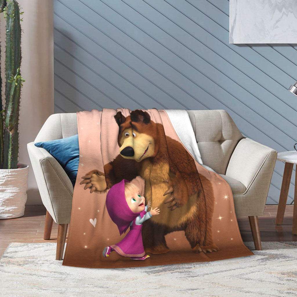 Custom Masha Bear Meadow Dream Throw, Personalized Toddler Flannel Blanket, Cute Nursery Quilt Wrap, Birthday Christmas Gift for Grandchild