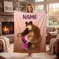 Custom Masha Bear Meadow Dream Throw, Personalized Toddler Flannel Blanket, Cute Nursery Quilt Wrap, Birthday Christmas Gift for Grandchild