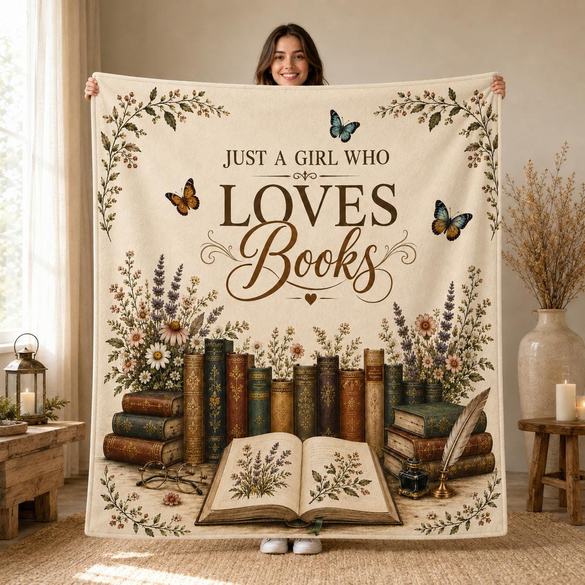 Book Lover Blanket, Cottagecore Wildflower Reading Decor, Cozy Throw (Sherpa/Fleece/Quilt/Woven)