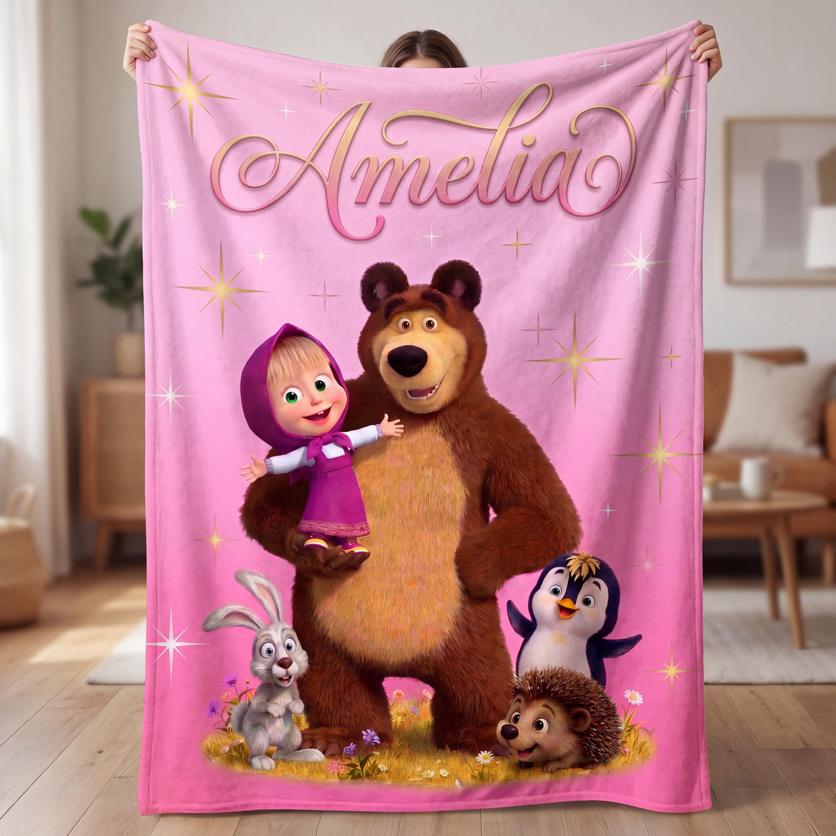 Personalized Big Bear and Little Girl Blanket, Custom Toddler Throw, Cozy Fall Gift for Niece, Halloween Kids Woodland Bedding