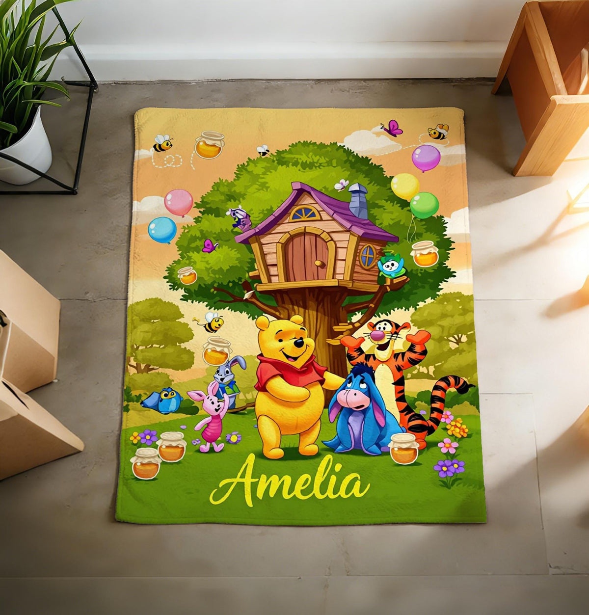 Personalized Pooh Blanket Soft Throw, Tree House Forest Friends Plush Cover, Warm Cozy Item for Kids Bedroom & Daily Snuggle