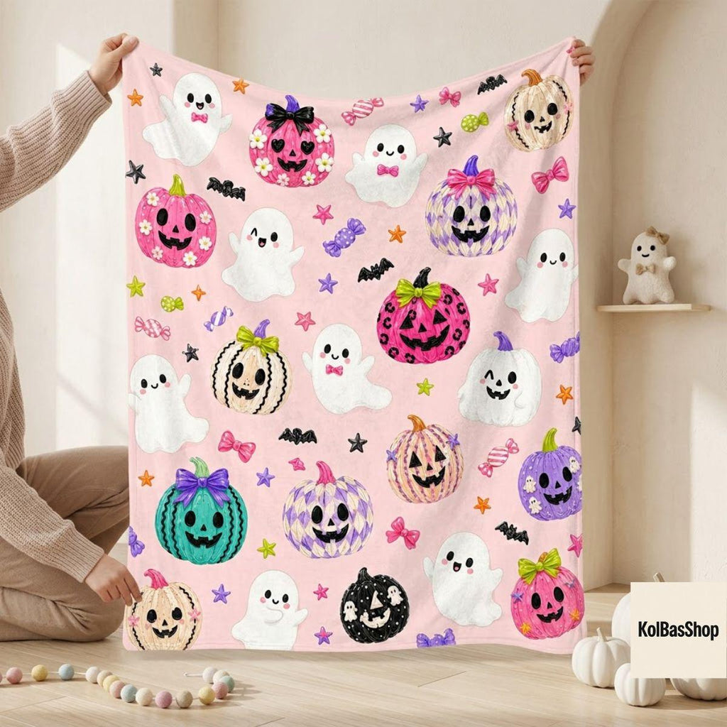 Cute Halloween Blanket, Pink Ghost Pumpkin Throw, Kawaii Jack O Lantern Design, Spooky Fall Home Decor, Halloween Gift for Kids