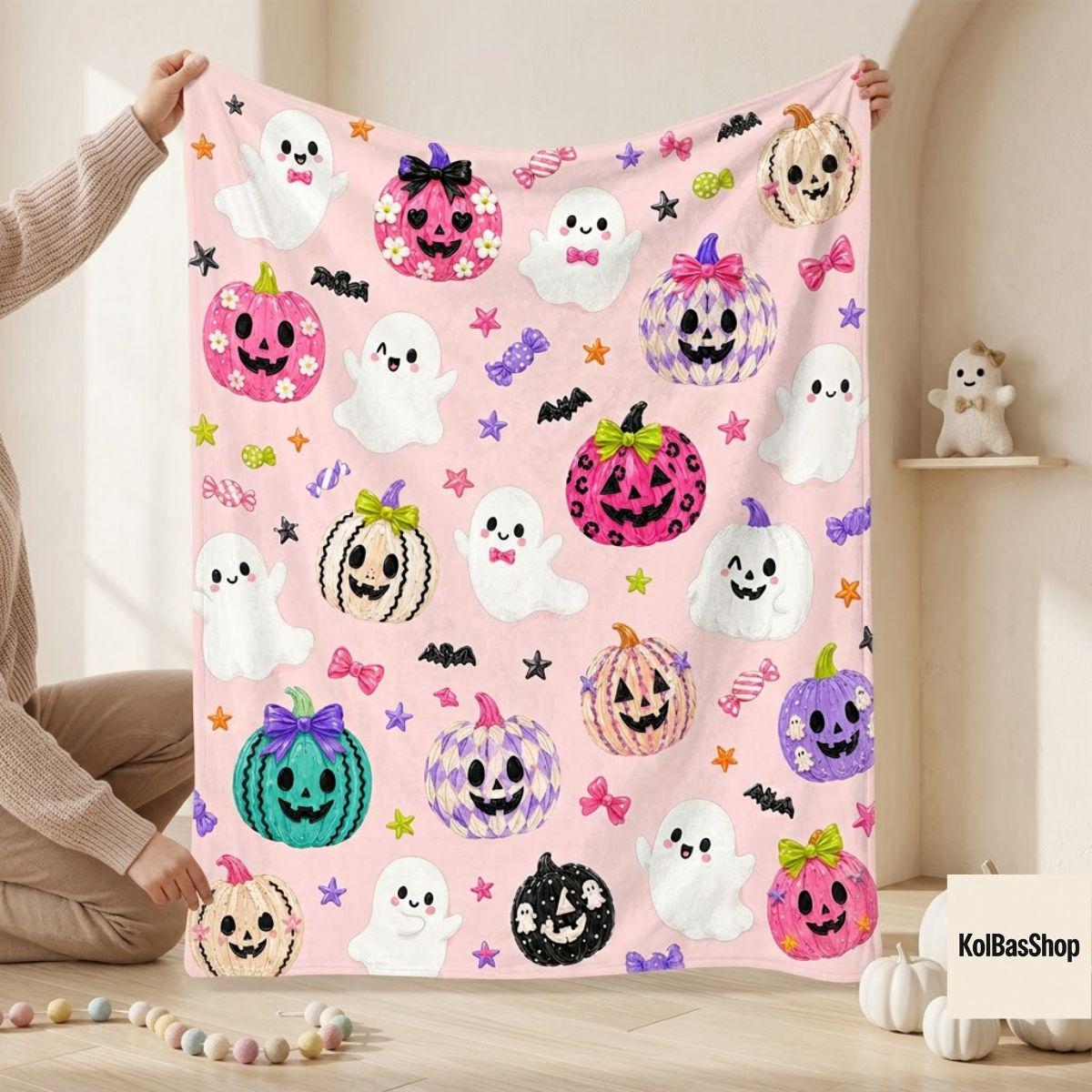 Cute Halloween Blanket, Pink Ghost Pumpkin Throw, Kawaii Jack O Lantern Design, Spooky Fall Home Decor, Halloween Gift for Kids