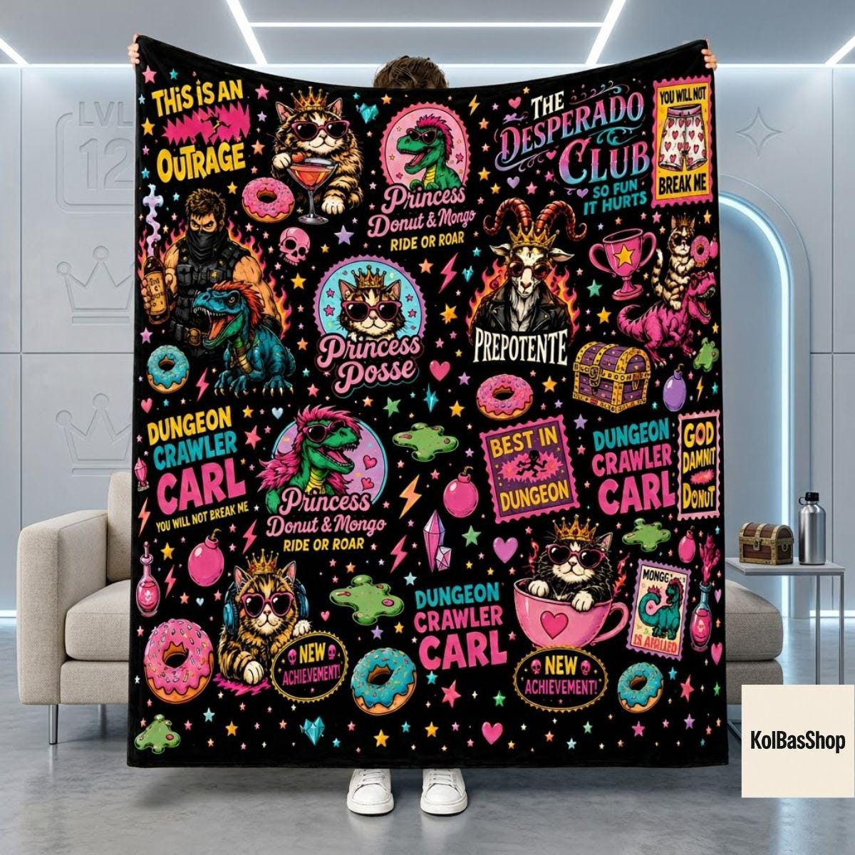 Dungeon Crawler Carl Throw Blanket, Donut Mongo Fleece Blanket, Gamer Book Style Decor, LitRPG Sci Fi Gift, Fiction Fan Cozy Reading Throw