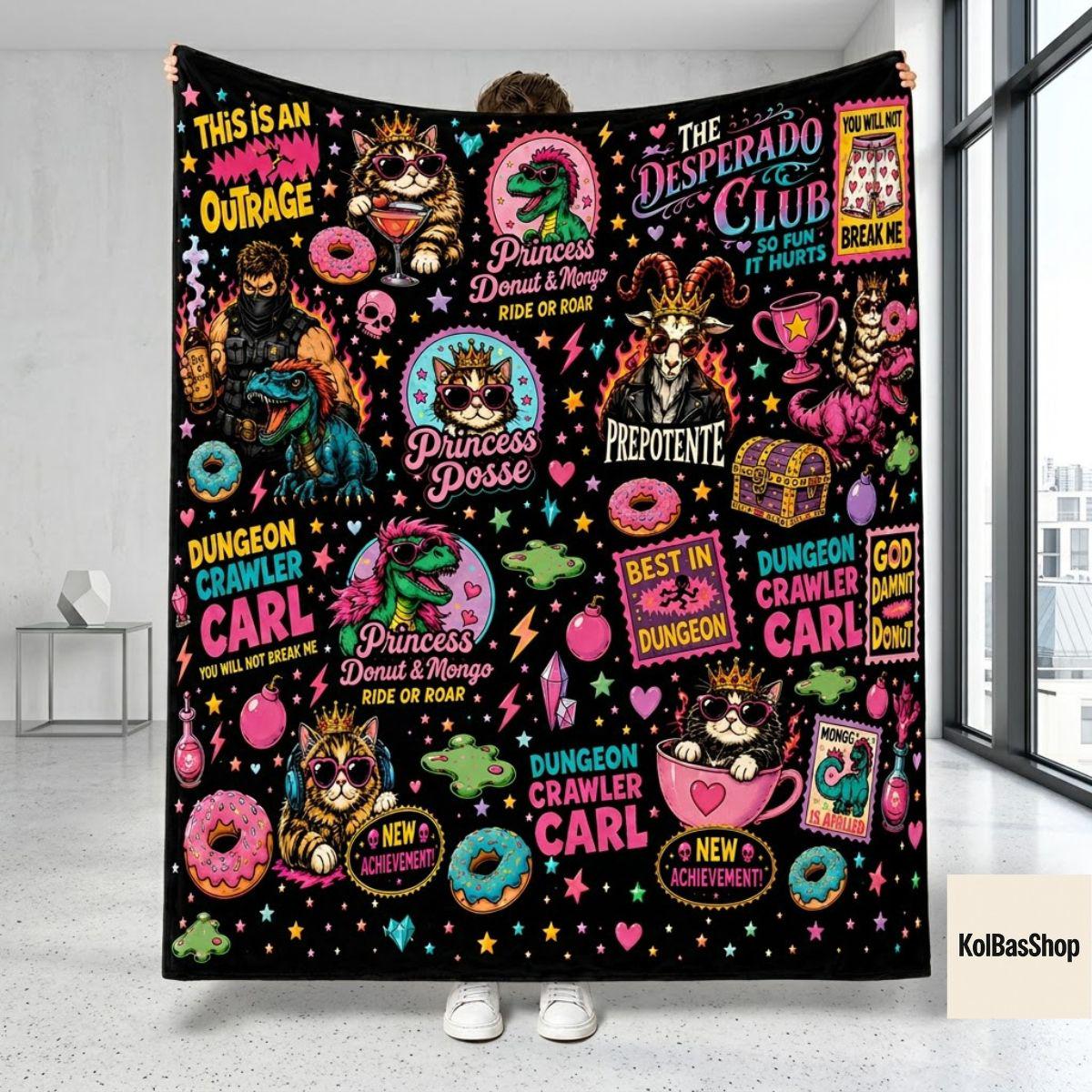 Dungeon Crawler Carl Throw Blanket, Donut Mongo Fleece Blanket, Gamer Book Style Decor, LitRPG Sci Fi Gift, Fiction Fan Cozy Reading Throw