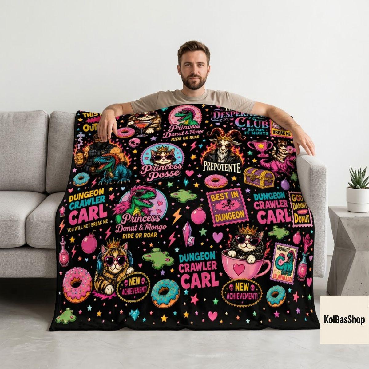 Dungeon Crawler Carl Throw Blanket, Donut Mongo Fleece Blanket, Gamer Book Style Decor, LitRPG Sci Fi Gift, Fiction Fan Cozy Reading Throw