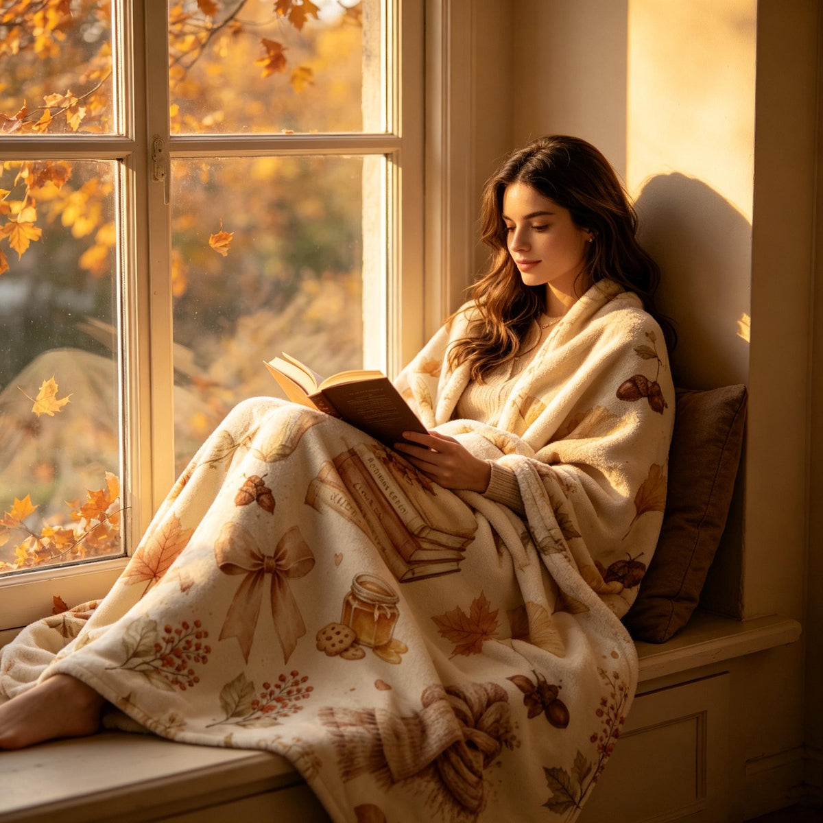 Cozy Reading Blanket, Book Lover Throw, Autumn Leaf Floral Print, Warm Fleece, Hygge Home Decor, Gift for Her