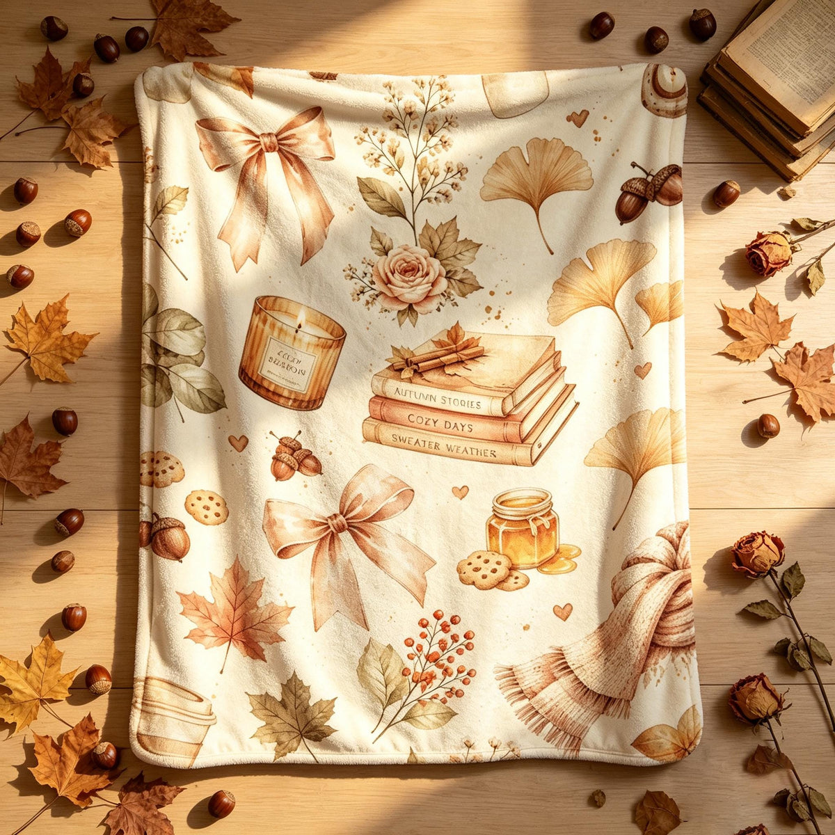 Cozy Reading Blanket, Book Lover Throw, Autumn Leaf Floral Print, Warm Fleece, Hygge Home Decor, Gift for Her