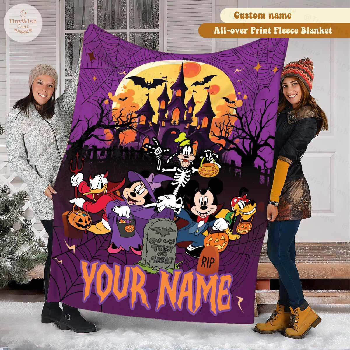 Personalized Mickey & Friends Halloween Blanket, Custom Name Disney Fleece Blanket, Spooky Cartoon Trick or Treat Blanket, Halloween Gift