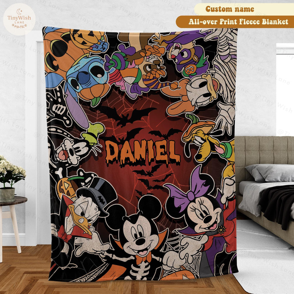 Personalized Mickey & Friends Stitch Halloween Party Blanket, Custom Name Disney Spooky Ghost Castle Blanket, Trick or Treat Halloween Gift