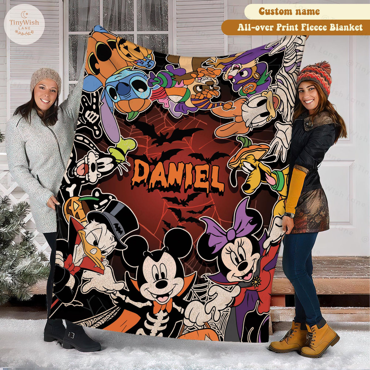 Personalized Mickey & Friends Stitch Halloween Party Blanket, Custom Name Disney Spooky Ghost Castle Blanket, Trick or Treat Halloween Gift