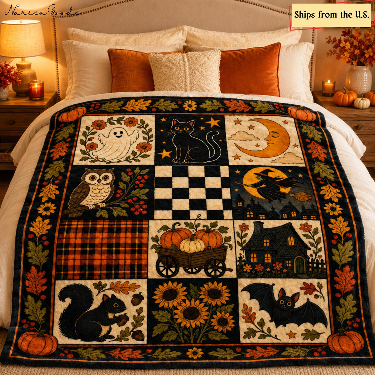 Vintage Halloween Flannel Blanket, Ghost Black Cat Pumpkin Throw, Witch Owl Bat Autumn Decor, Cottagecore Fall Blanket,Spooky Halloween Gift