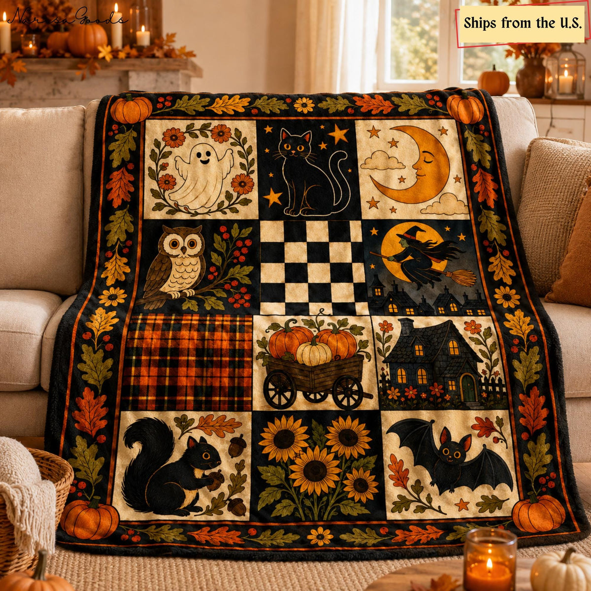 Vintage Halloween Flannel Blanket, Ghost Black Cat Pumpkin Throw, Witch Owl Bat Autumn Decor, Cottagecore Fall Blanket,Spooky Halloween Gift