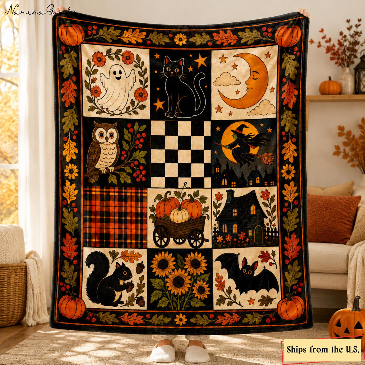 Vintage Halloween Flannel Blanket, Ghost Black Cat Pumpkin Throw, Witch Owl Bat Autumn Decor, Cottagecore Fall Blanket,Spooky Halloween Gift