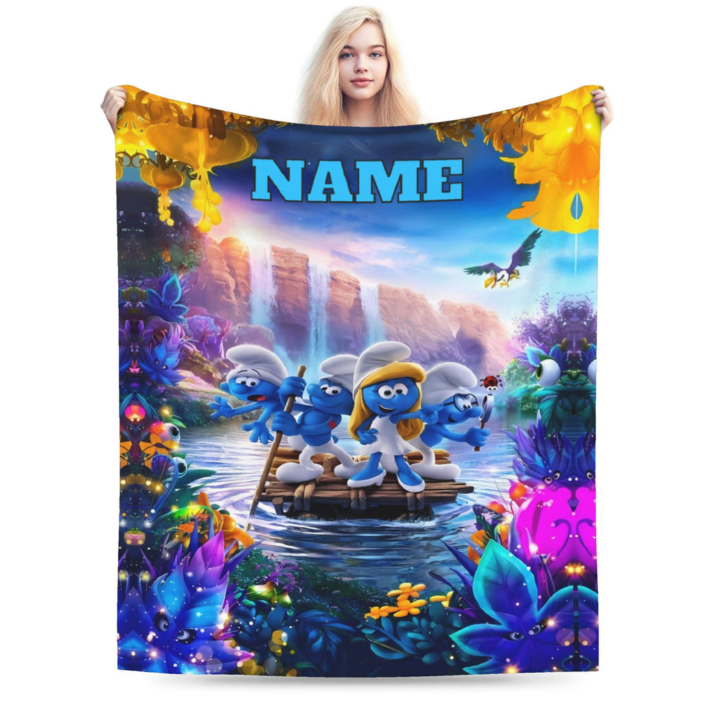 Personalized Blue Forest Character Flannel Blanket, Custom Name Cozy Throw Blanket, Soft Plush Bed Sofa Blanket Gift for Kids