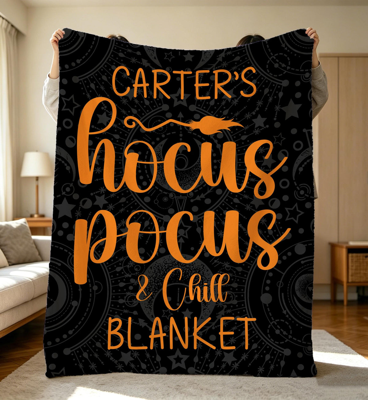 Personalized Halloween Flannel Blanket,Custom Name Witch Broom Throw,Autumn Gift For Her,Vintage Gothic Fall Decor,Halloween Gothic Bedding