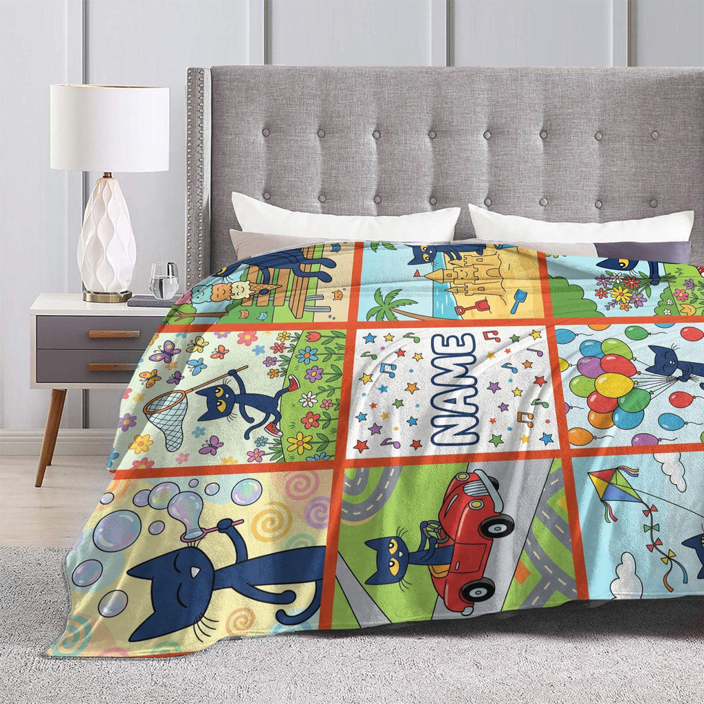 Customizable Pete the Cat Blanket Comic Grid Fun Park Adventures Soft Throw