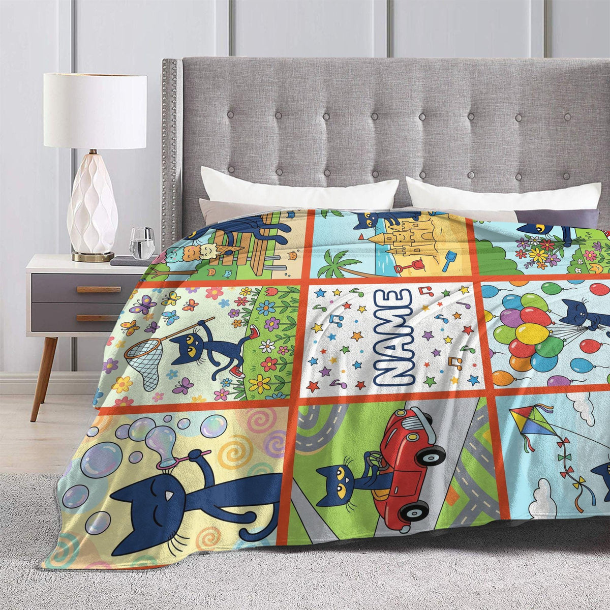 Customizable Pete the Cat Blanket Comic Grid Fun Park Adventures Soft Throw
