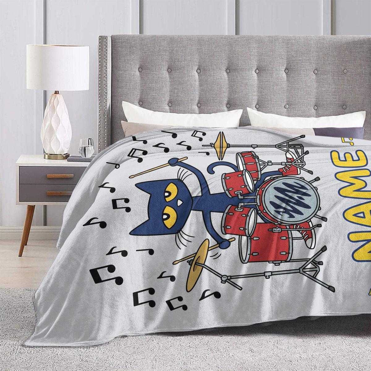 Personalized Pete the Cat Rock Drummer Blanket Custom Name Music Room Bedding