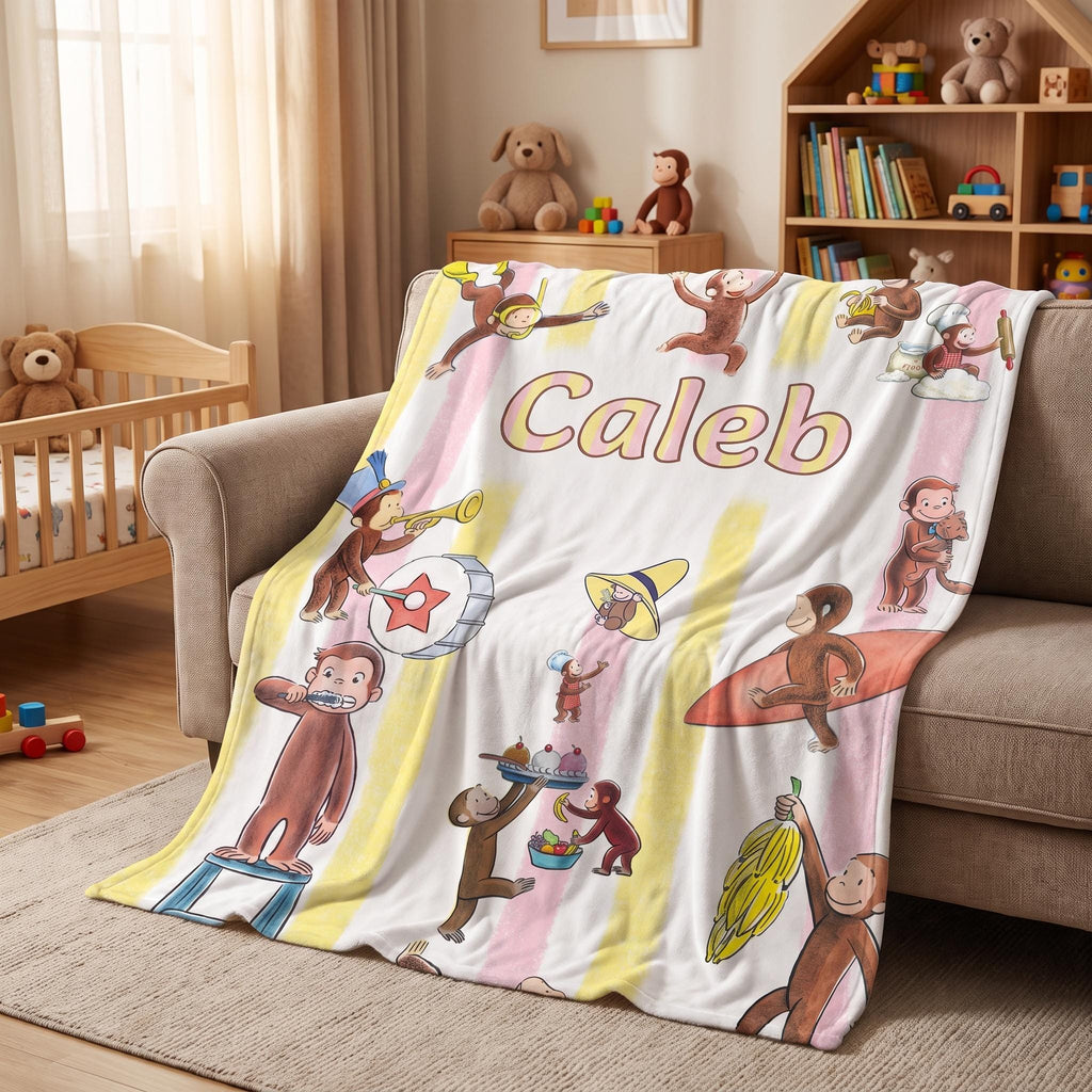 Personalized Monkey Blanket, Custom Name Boy Blanket, Cute Animal Nursery Decor, Toddler Bedding, Baby Shower Gift for Boys