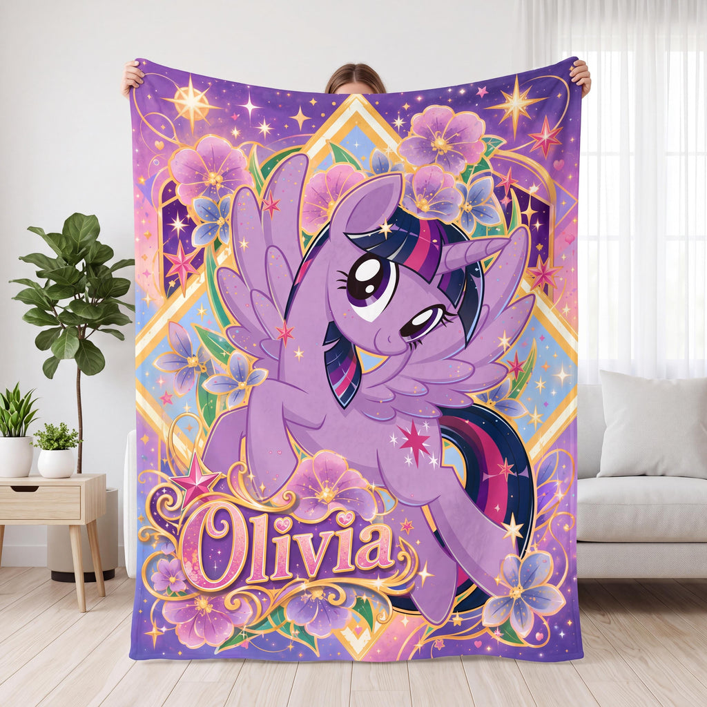 Personalized Pony Blanket Custom Name Magical Unicorn Throw Purple Floral Bedding Kids Room Decor Girls Birthday Gift Fan Collection