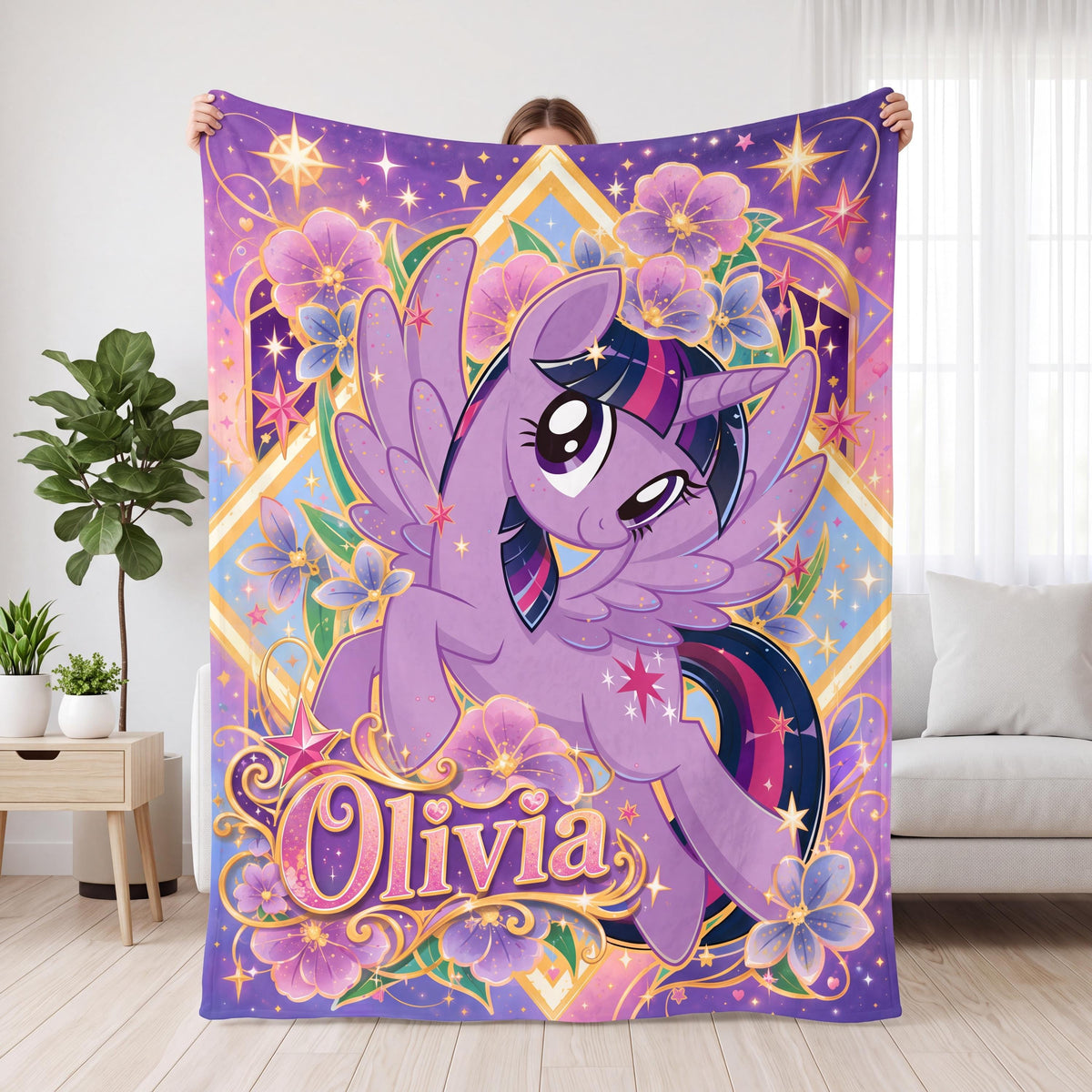 Personalized Pony Blanket Custom Name Magical Unicorn Throw Purple Floral Bedding Kids Room Decor Girls Birthday Gift Fan Collection