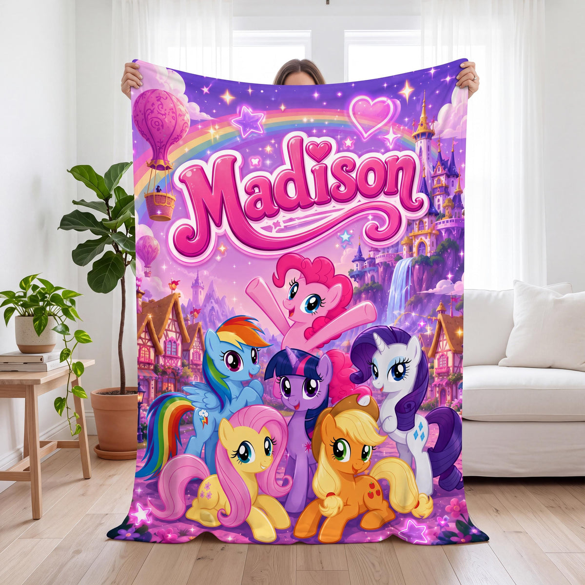 Personalized Magical Pony Blanket for Girls, Custom Name Flannel Throw, Cartoon Bedding, Kids Birthday Gift, Magical Nursery Room Decor