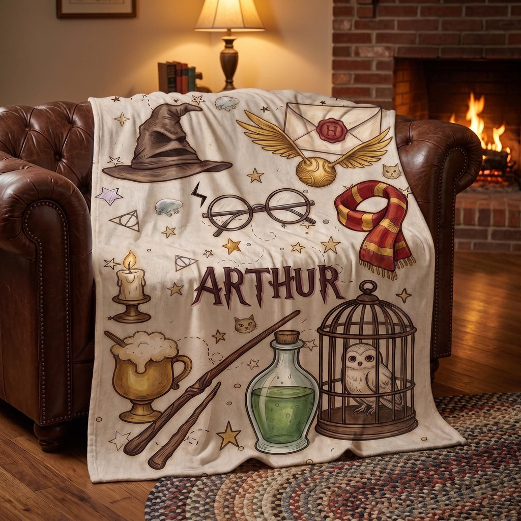 Personalized Wizard Blanket, Custom Magic Theme Throw, Fantasy Owl and Wand Name Blanket, Magical Gift for Kids