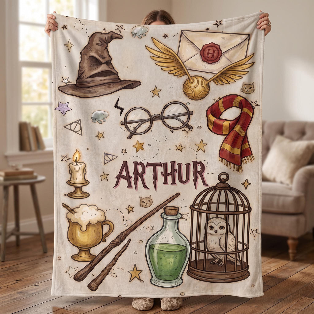 Personalized Wizard Blanket, Custom Magic Theme Throw, Fantasy Owl and Wand Name Blanket, Magical Gift for Kids