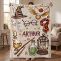 Personalized Wizard Blanket, Custom Magic Theme Throw, Fantasy Owl and Wand Name Blanket, Magical Gift for Kids