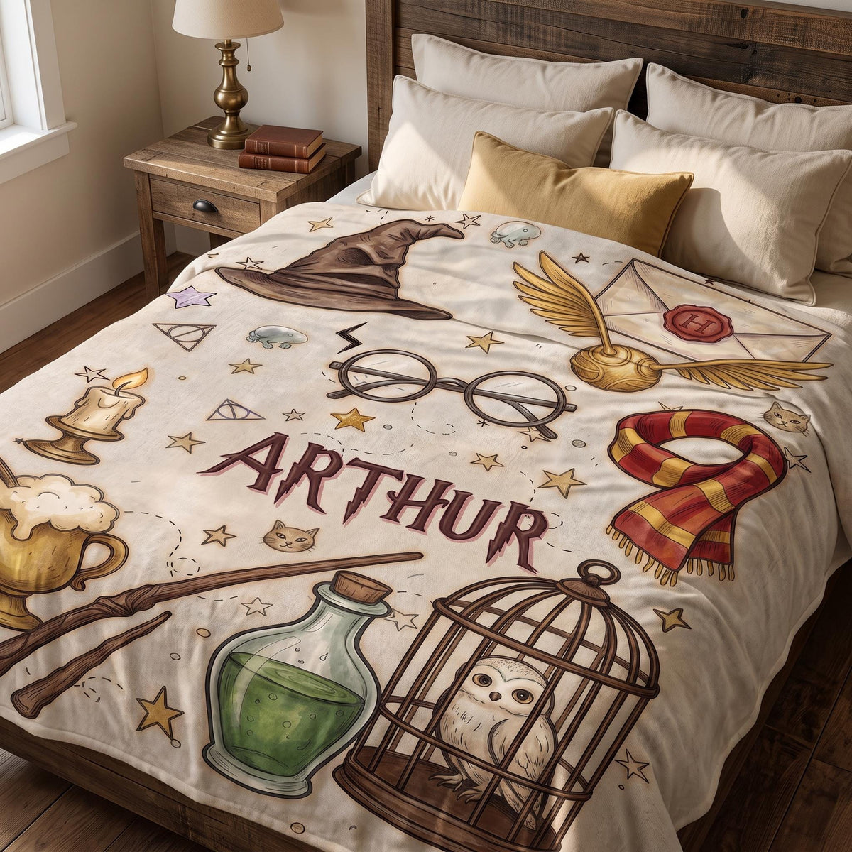 Personalized Wizard Blanket, Custom Magic Theme Throw, Fantasy Owl and Wand Name Blanket, Magical Gift for Kids