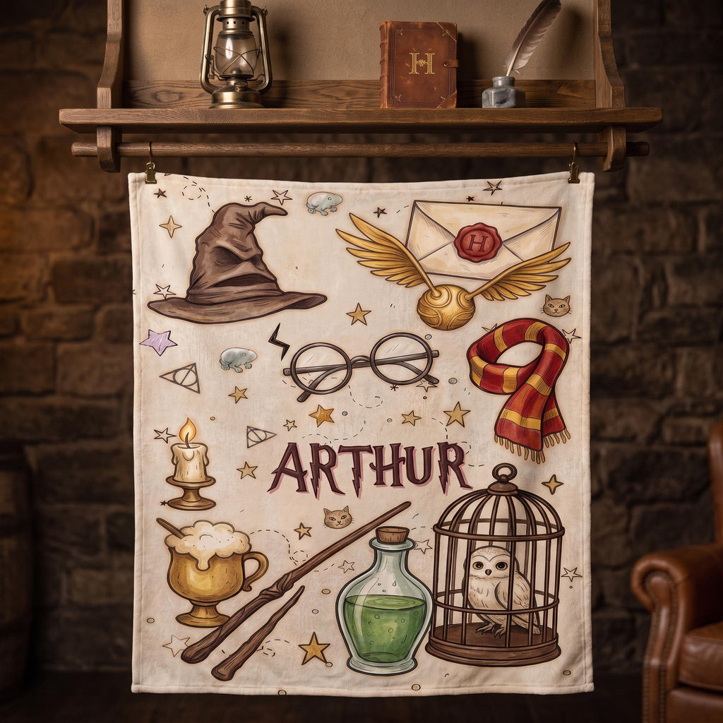 Personalized Wizard Blanket, Custom Magic Theme Throw, Fantasy Owl and Wand Name Blanket, Magical Gift for Kids