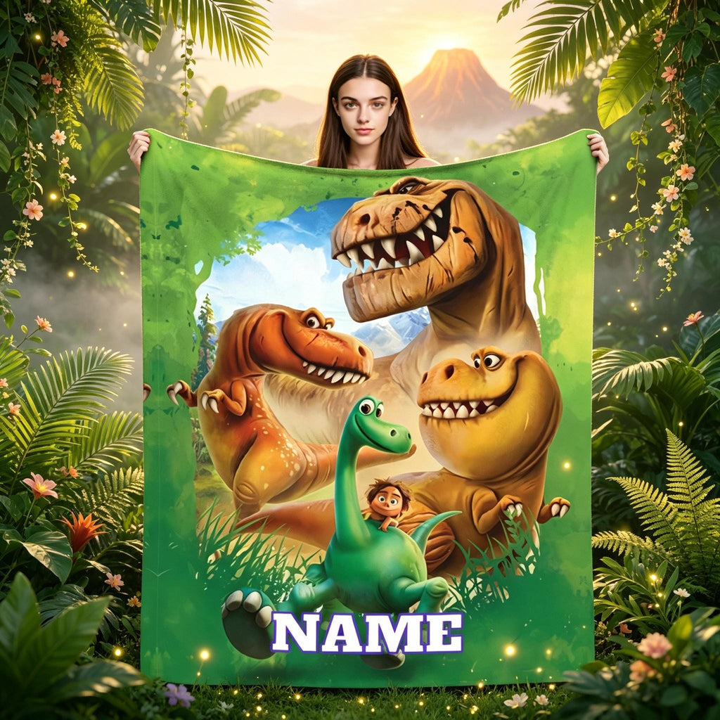 Personalized Dinosaur Adventure Blanket, Custom Name Flannel Throw, Cute Green Dino Kids Blanket, Cozy Birthday Gift