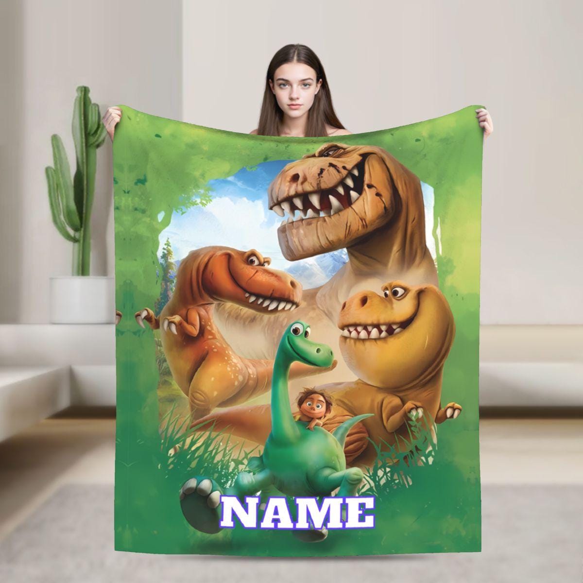 Personalized Dinosaur Adventure Blanket, Custom Name Flannel Throw, Cute Green Dino Kids Blanket, Cozy Birthday Gift