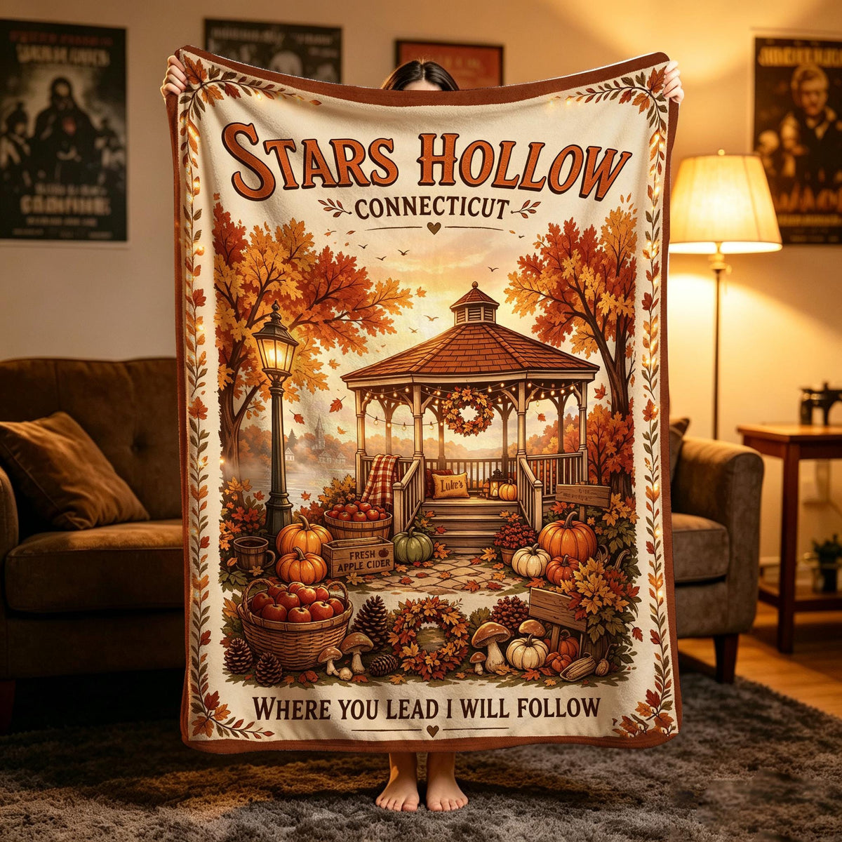 Stars Hollow Blanket, Cozy Fall Lover Blanket, Autumn Gazebo Throw, Small Town Flannel, Vintage Coffee Decor, Pumpkin Season Home Decor Gift