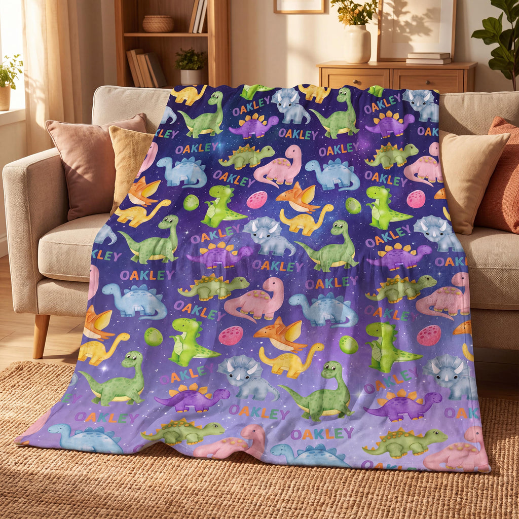 Personalized Dinosaur Blanket for Boys, Custom Name Dino Throw, Space Dinosaur Nursery Bedding, Toddler Boy Gift, Soft Flannel Fleece