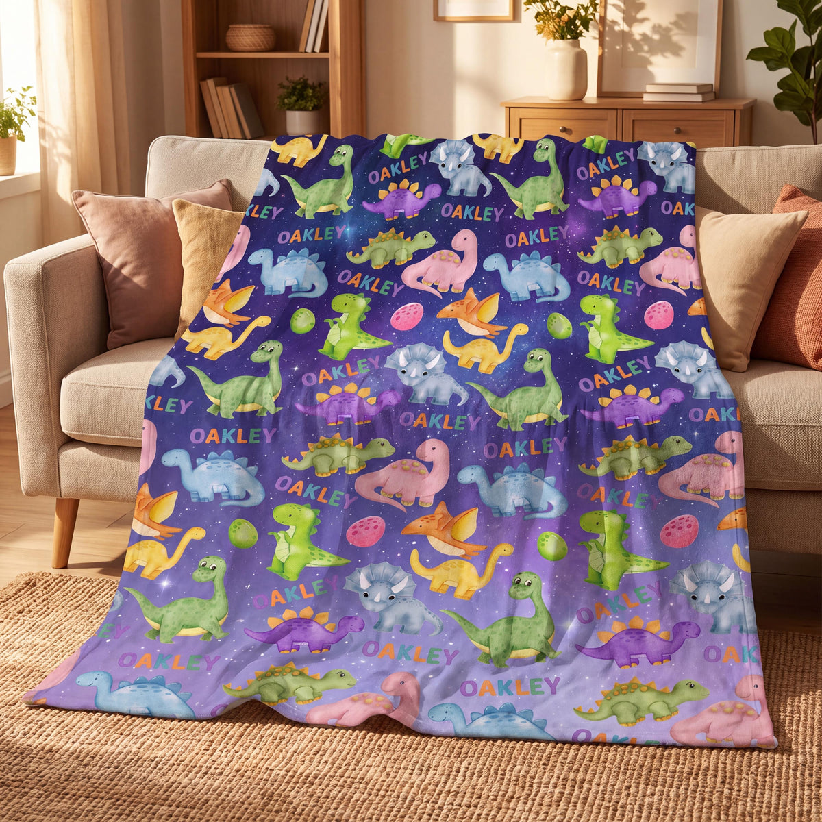Personalized Dinosaur Blanket for Boys, Custom Name Dino Throw, Space Dinosaur Nursery Bedding, Toddler Boy Gift, Soft Flannel Fleece