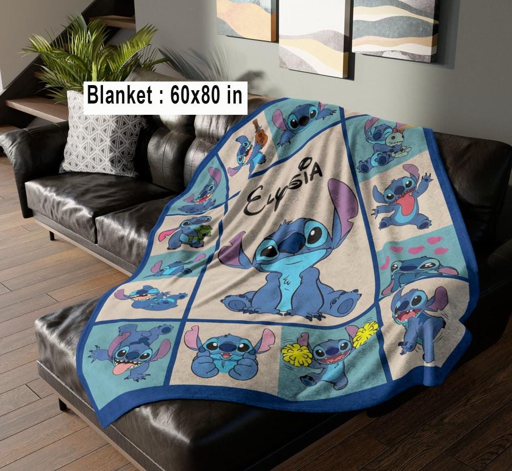 Personalized Stitch Fleece Blanket, Stitch Cartoon Movie Birthday Gifts Blanket, Disneyland Christmas Gifts, Lilo and Stitch Family Present