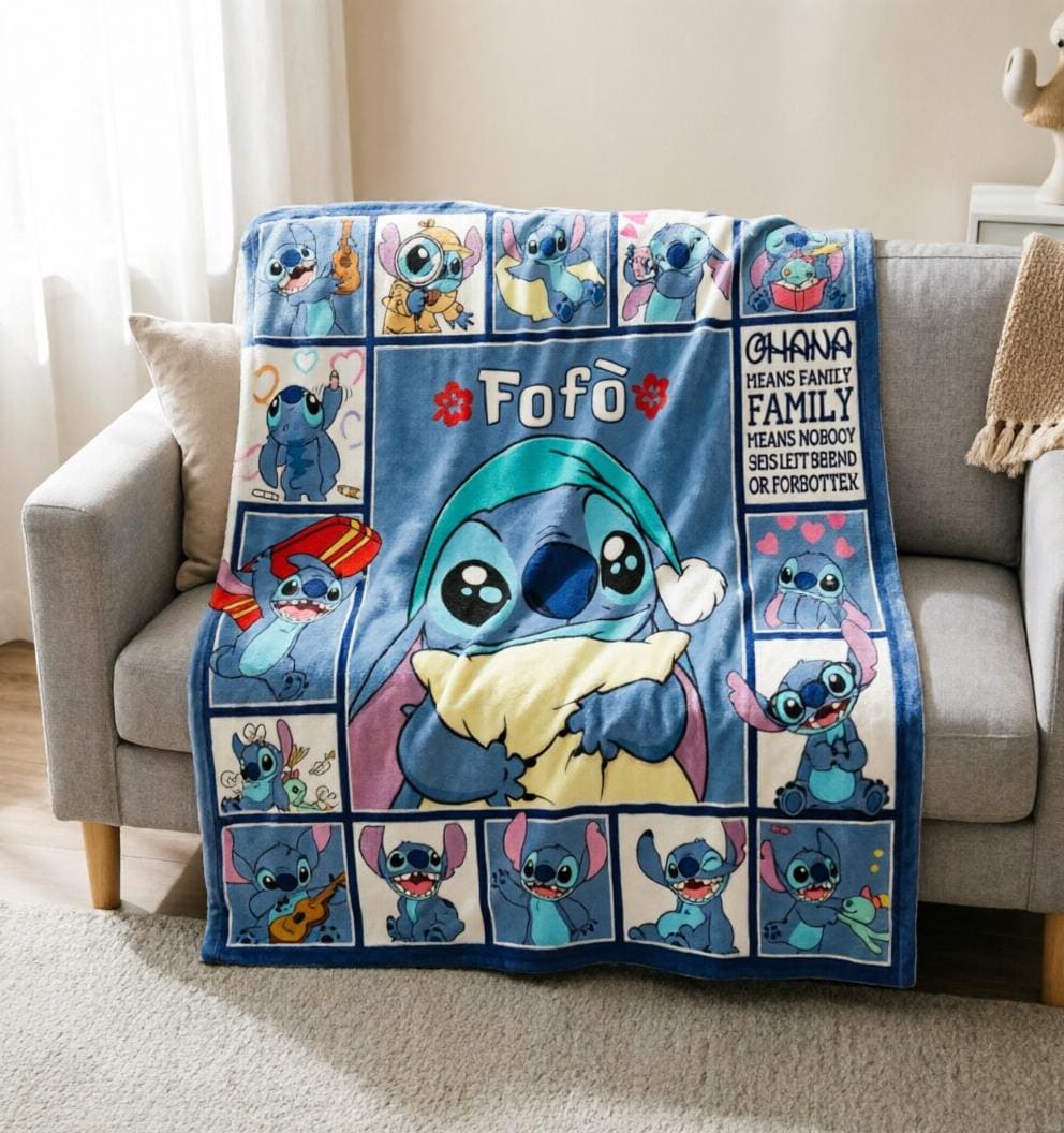 Adorable Multi‑Expression Stitch Blanket Soft Throw, Customized Name Cartoon Fleece Throw for Bedroom Decor